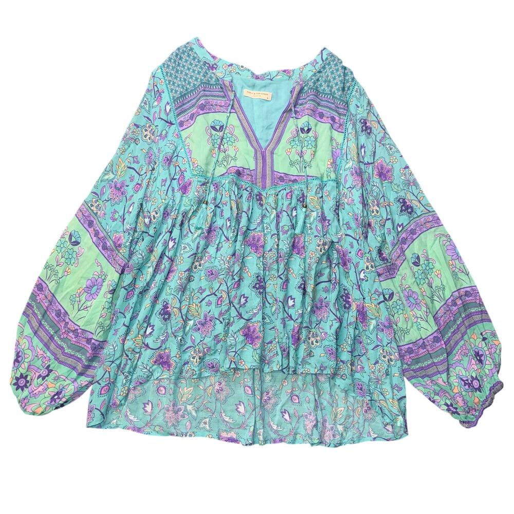 Spell & The Gypsy Collective Floral Tunic Blouse XL Balloon Sleeve Tassel Boho
